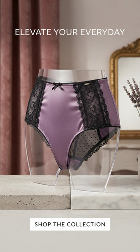 شورت فاق بلند تور گیپور و ساتن برند لوکس Boux Avenue انگلستان💎 مدل Lyla High Waisted Brief رنگ بنفش و مشکی