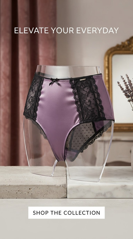 شورت فاق بلند تور گیپور و ساتن برند لوکس Boux Avenue انگلستان💎 مدل Lyla High Waisted Brief رنگ بنفش و مشکی