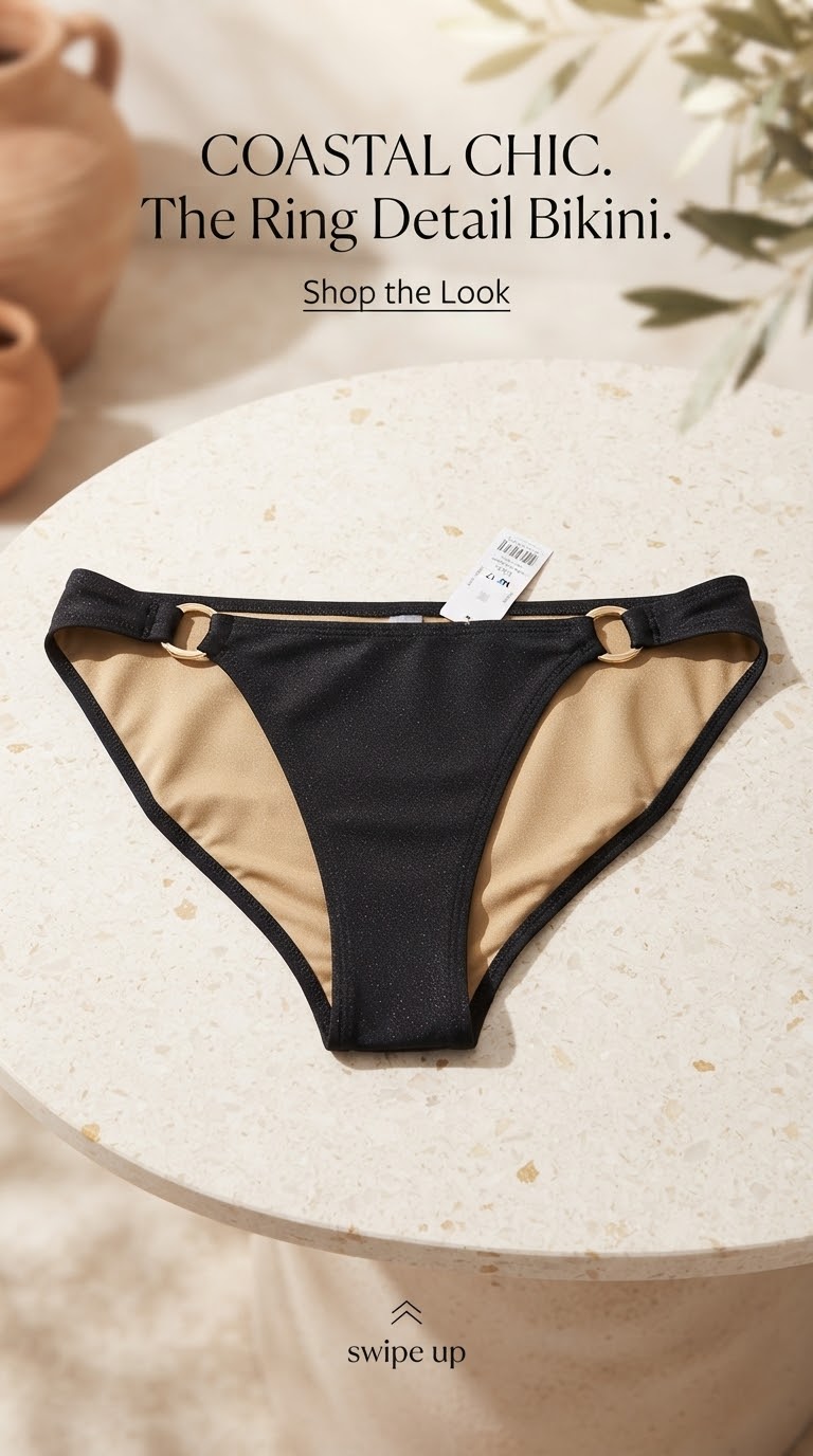مایوشورت ساحلی شیک برند لوکس Boux Avenue انگلستان💎مدل Maurtitus Ring Side Brief رنگ Black, آستر بژ طلایی