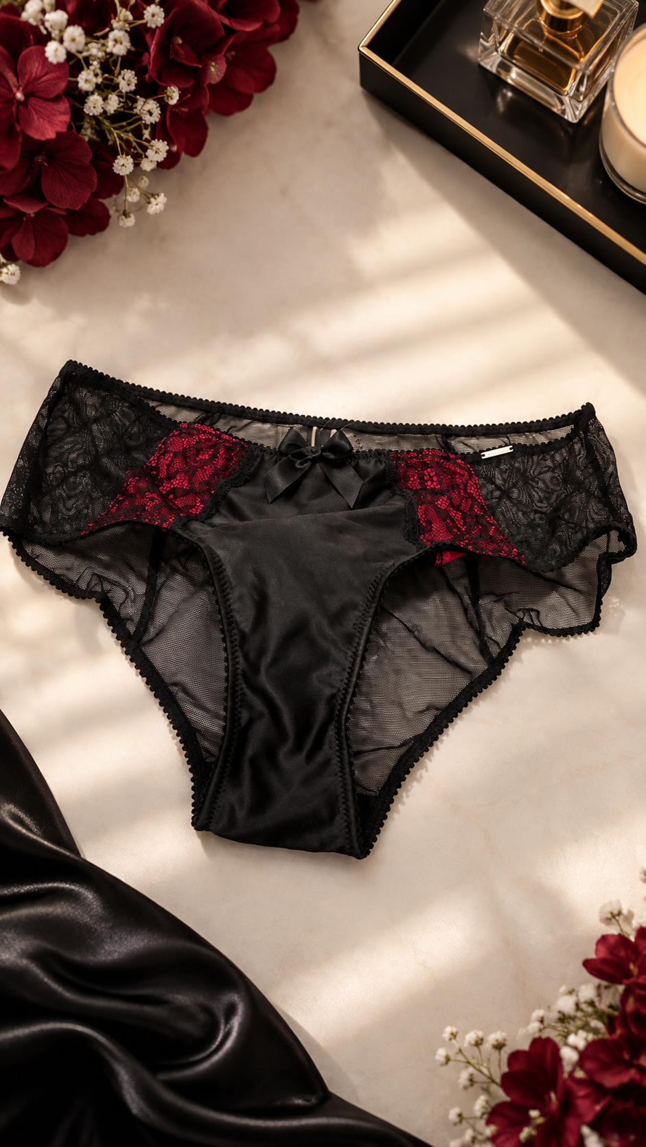 شورت فاق‌بلند لاکچری از برند لوکس و معتبر Boux Avenue انگلستان💎 مدل Ebony High Waisted Brief رنگ Red Mix Black