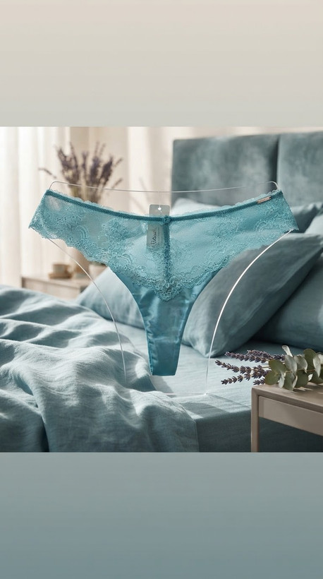 شورت لامبادای زیبای ساتن فوق لطیف و تور دانتل از برند لوکس Boux Avenue انگلستان💎 مدل Serena Thong رنگ Duck Egg آبی تخم اردکی