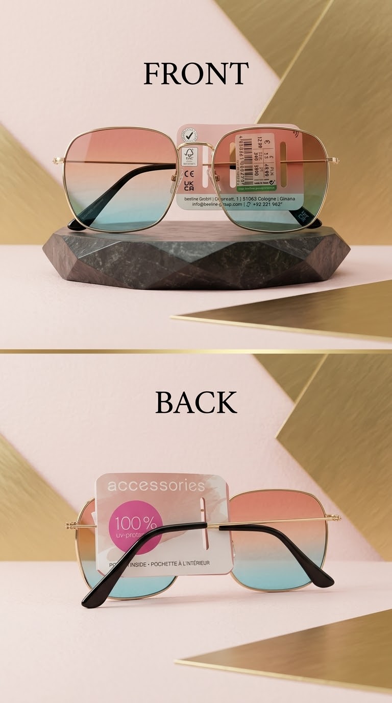 عینک آفتابی زنانه برند Accessories آلمان- مربعی فریم فلزی طلایی با لنز دو رنگ نارنجی-آبی گرادیان
